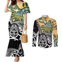 New Zealand Australia Rugby Custom Couples Matching Mermaid Dress and Long Sleeve Button Shirt Wallabies Aboriginal All Black Maori Tiki Together - Polynesian Pride