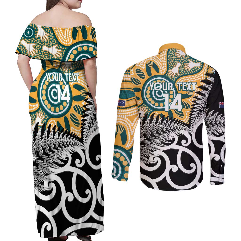 New Zealand Australia Rugby Custom Couples Matching Off Shoulder Maxi Dress and Long Sleeve Button Shirt Wallabies Aboriginal All Black Maori Tiki Together - Polynesian Pride