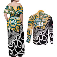 New Zealand Australia Rugby Custom Couples Matching Off Shoulder Maxi Dress and Long Sleeve Button Shirt Wallabies Aboriginal All Black Maori Tiki Together - Polynesian Pride