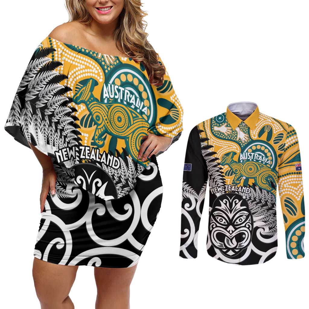 New Zealand Australia Rugby Custom Couples Matching Off Shoulder Short Dress and Long Sleeve Button Shirt Wallabies Aboriginal All Black Maori Tiki Together - Polynesian Pride