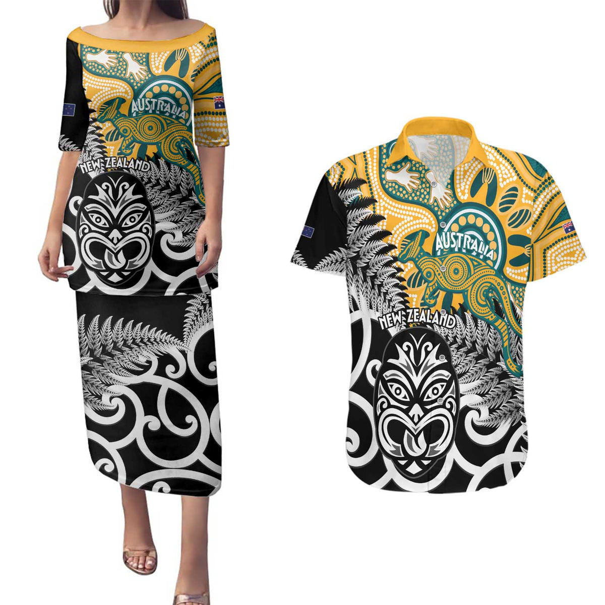 New Zealand Australia Rugby Custom Couples Matching Puletasi and Hawaiian Shirt Wallabies Aboriginal All Black Maori Tiki Together - Polynesian Pride