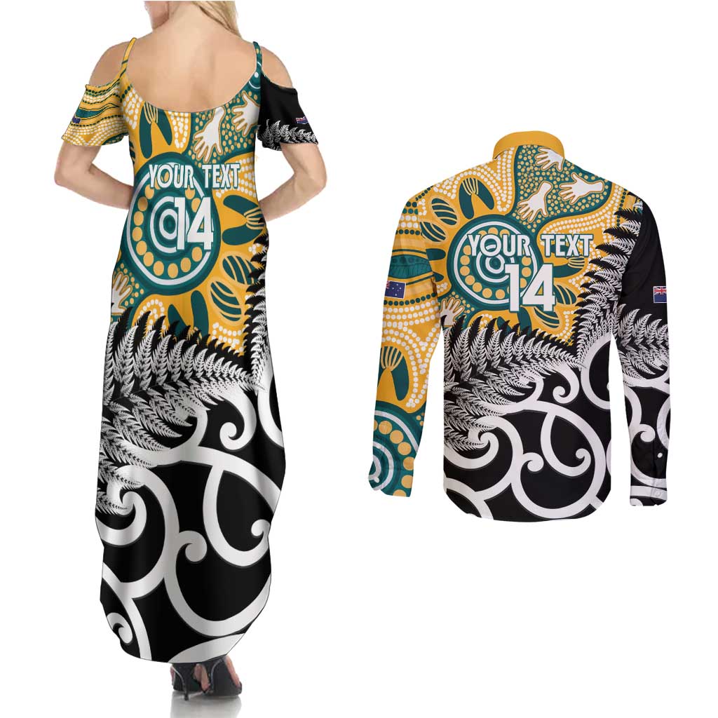 New Zealand Australia Rugby Custom Couples Matching Summer Maxi Dress and Long Sleeve Button Shirt Wallabies Aboriginal All Black Maori Tiki Together - Polynesian Pride