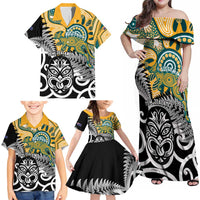 New Zealand Australia Rugby Custom Family Matching Off Shoulder Maxi Dress and Hawaiian Shirt Wallabies Aboriginal All Black Maori Tiki Together - Polynesian Pride