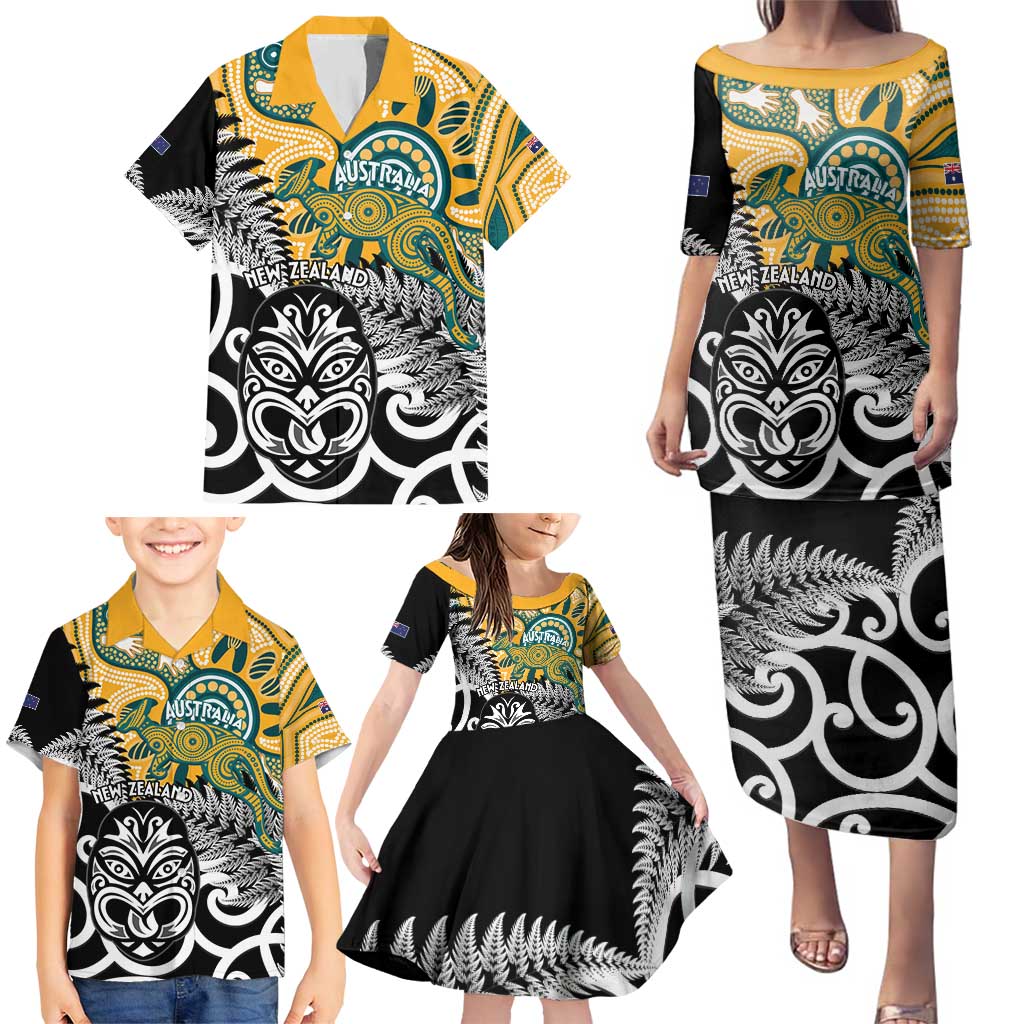 New Zealand Australia Rugby Custom Family Matching Puletasi and Hawaiian Shirt Wallabies Aboriginal All Black Maori Tiki Together - Polynesian Pride