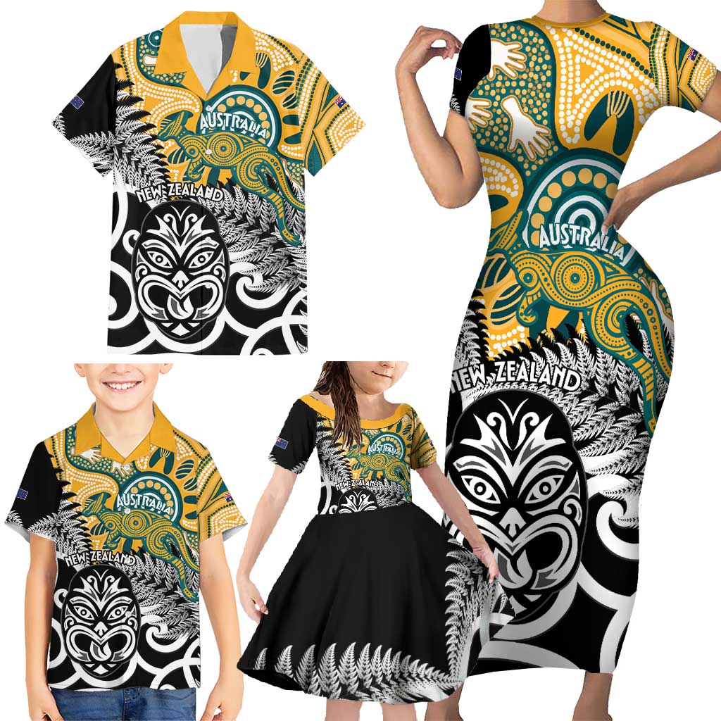 New Zealand Australia Rugby Custom Family Matching Short Sleeve Bodycon Dress and Hawaiian Shirt Wallabies Aboriginal All Black Maori Tiki Together - Polynesian Pride