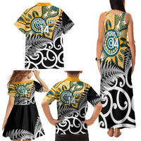 New Zealand Australia Rugby Custom Family Matching Tank Maxi Dress and Hawaiian Shirt Wallabies Aboriginal All Black Maori Tiki Together - Polynesian Pride
