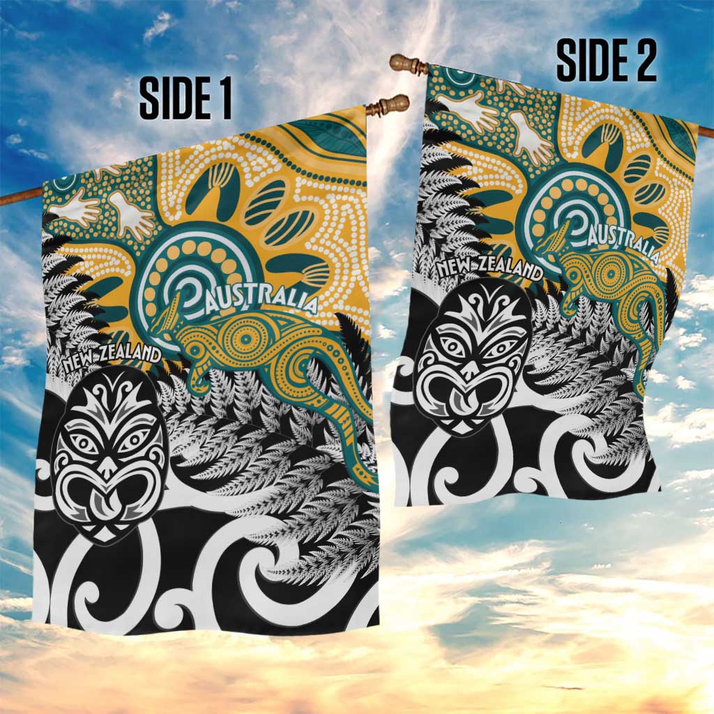New Zealand Australia Rugby Garden Flag Wallabies Aboriginal All Black Maori Tiki Together - Polynesian Pride