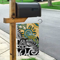 New Zealand Australia Rugby Garden Flag Wallabies Aboriginal All Black Maori Tiki Together - Polynesian Pride