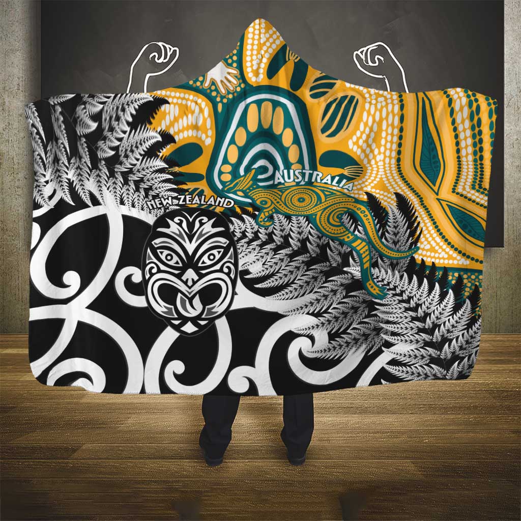 New Zealand Australia Rugby Hooded Blanket Wallabies Aboriginal All Black Maori Tiki Together - Polynesian Pride