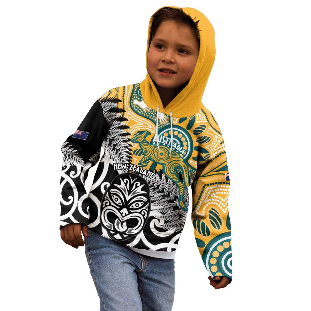 New Zealand Australia Rugby Custom Kid Hoodie Wallabies Aboriginal All Black Maori Tiki Together - Polynesian Pride