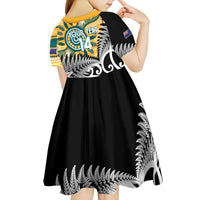 New Zealand Australia Rugby Custom Kid Short Sleeve Dress Wallabies Aboriginal All Black Maori Tiki Together - Polynesian Pride