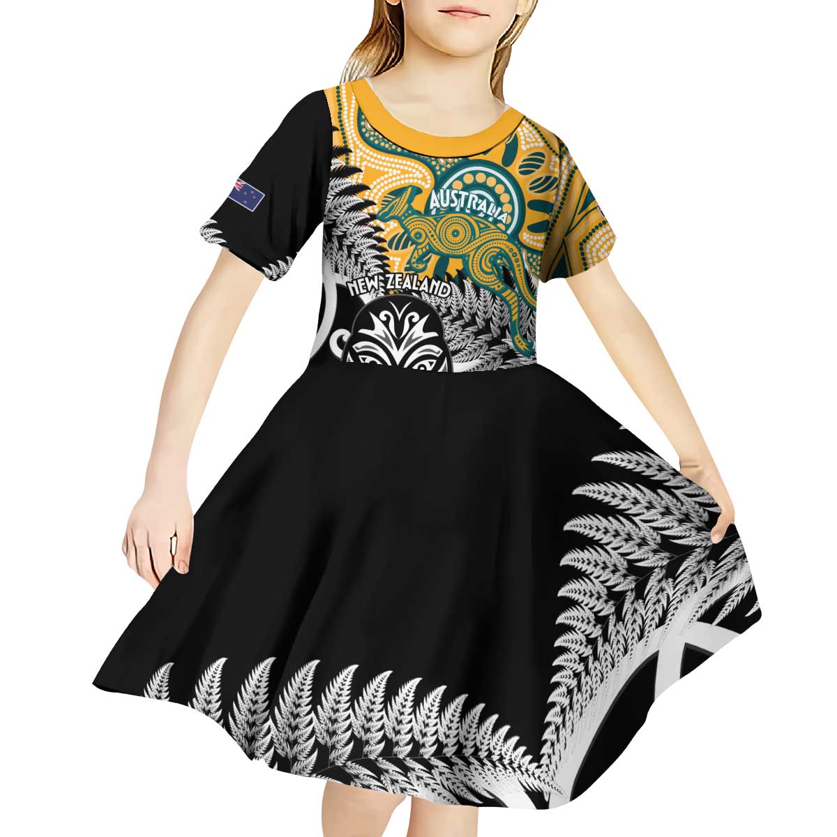 New Zealand Australia Rugby Custom Kid Short Sleeve Dress Wallabies Aboriginal All Black Maori Tiki Together - Polynesian Pride