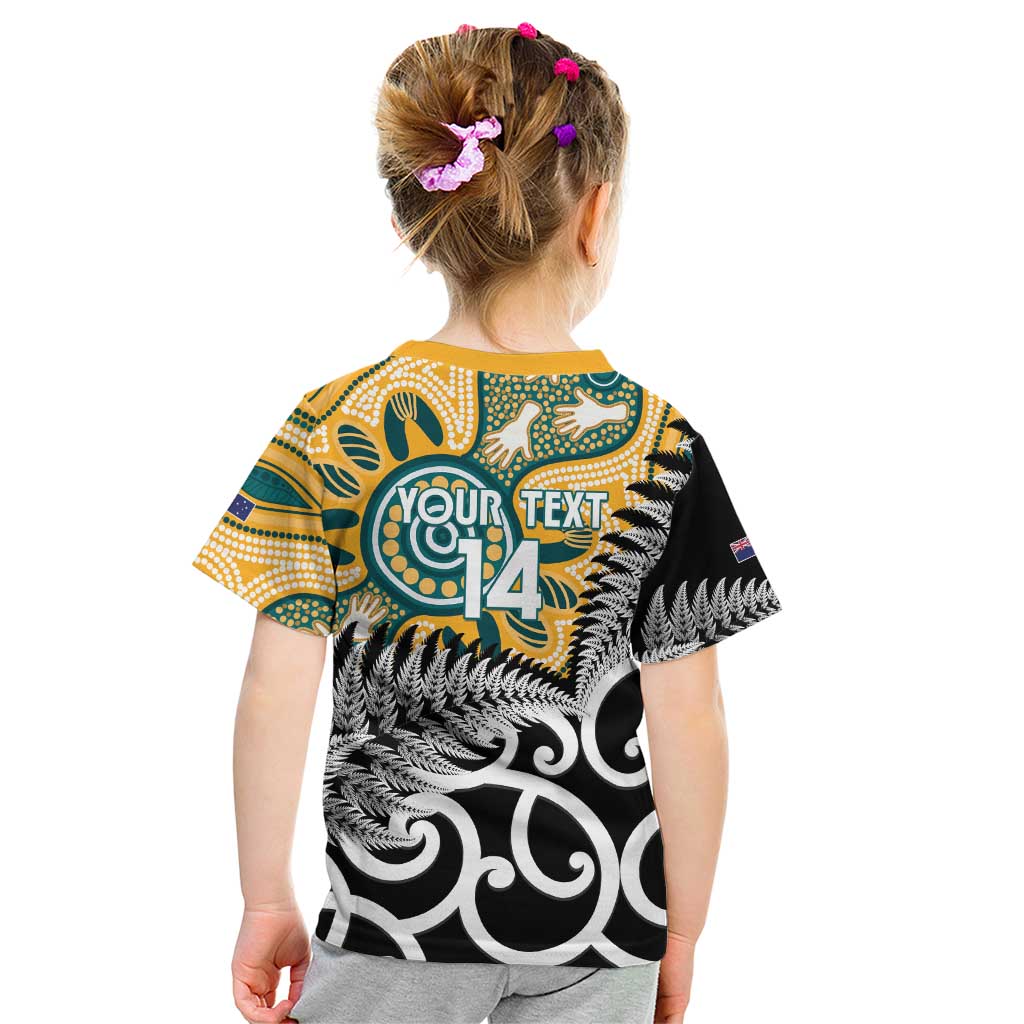 New Zealand Australia Rugby Custom Kid T Shirt Wallabies Aboriginal All Black Maori Tiki Together - Polynesian Pride
