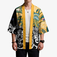 New Zealand Australia Rugby Custom Kimono Wallabies Aboriginal All Black Maori Tiki Together - Polynesian Pride