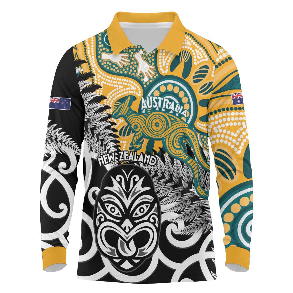 New Zealand Australia Rugby Custom Long Sleeve Polo Shirt Wallabies Aboriginal All Black Maori Tiki Together - Polynesian Pride