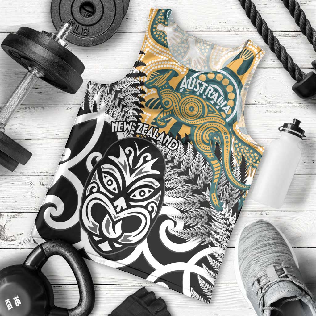 New Zealand Australia Rugby Custom Men Tank Top Wallabies Aboriginal All Black Maori Tiki Together - Polynesian Pride