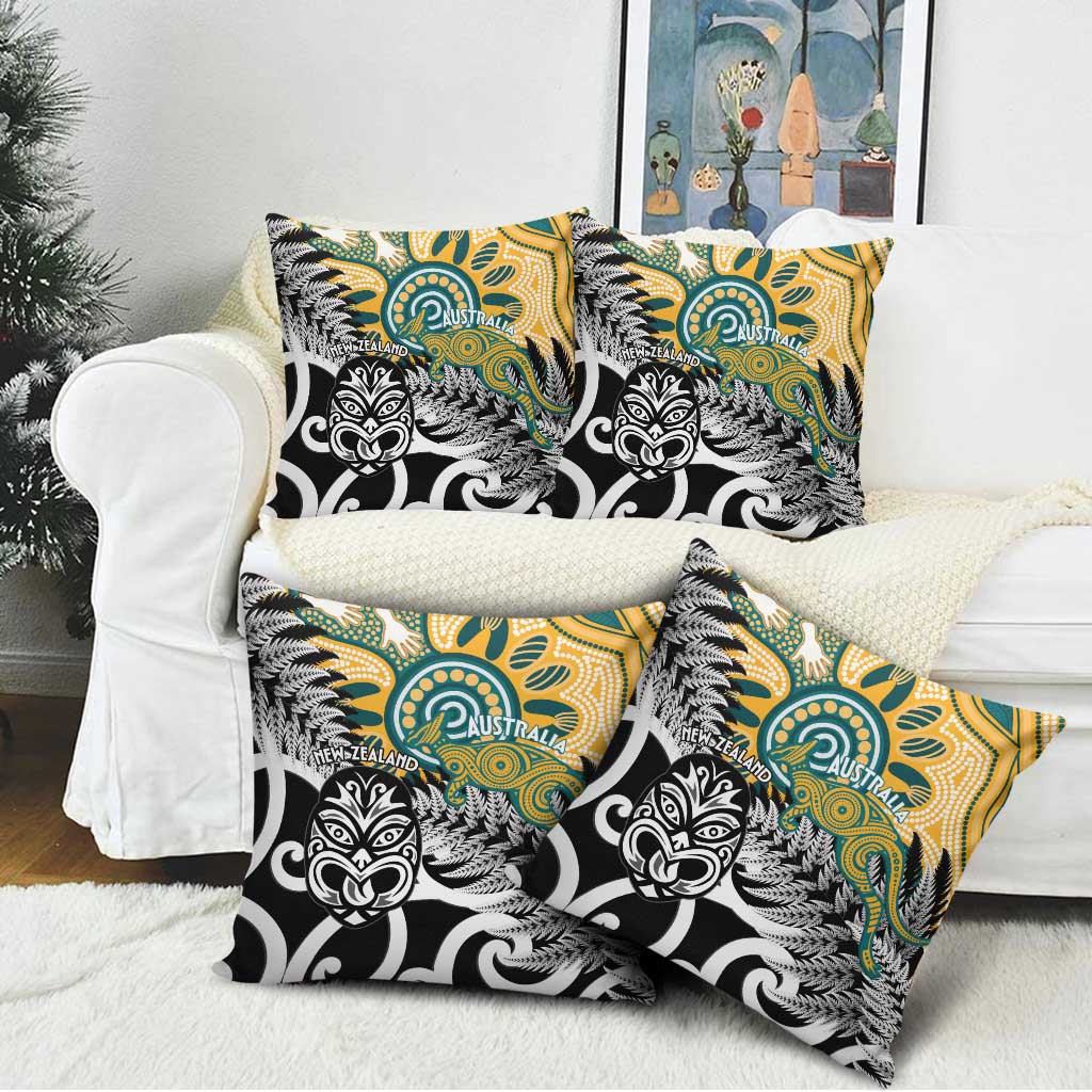New Zealand Australia Rugby Pillow Cover Wallabies Aboriginal All Black Maori Tiki Together - Polynesian Pride