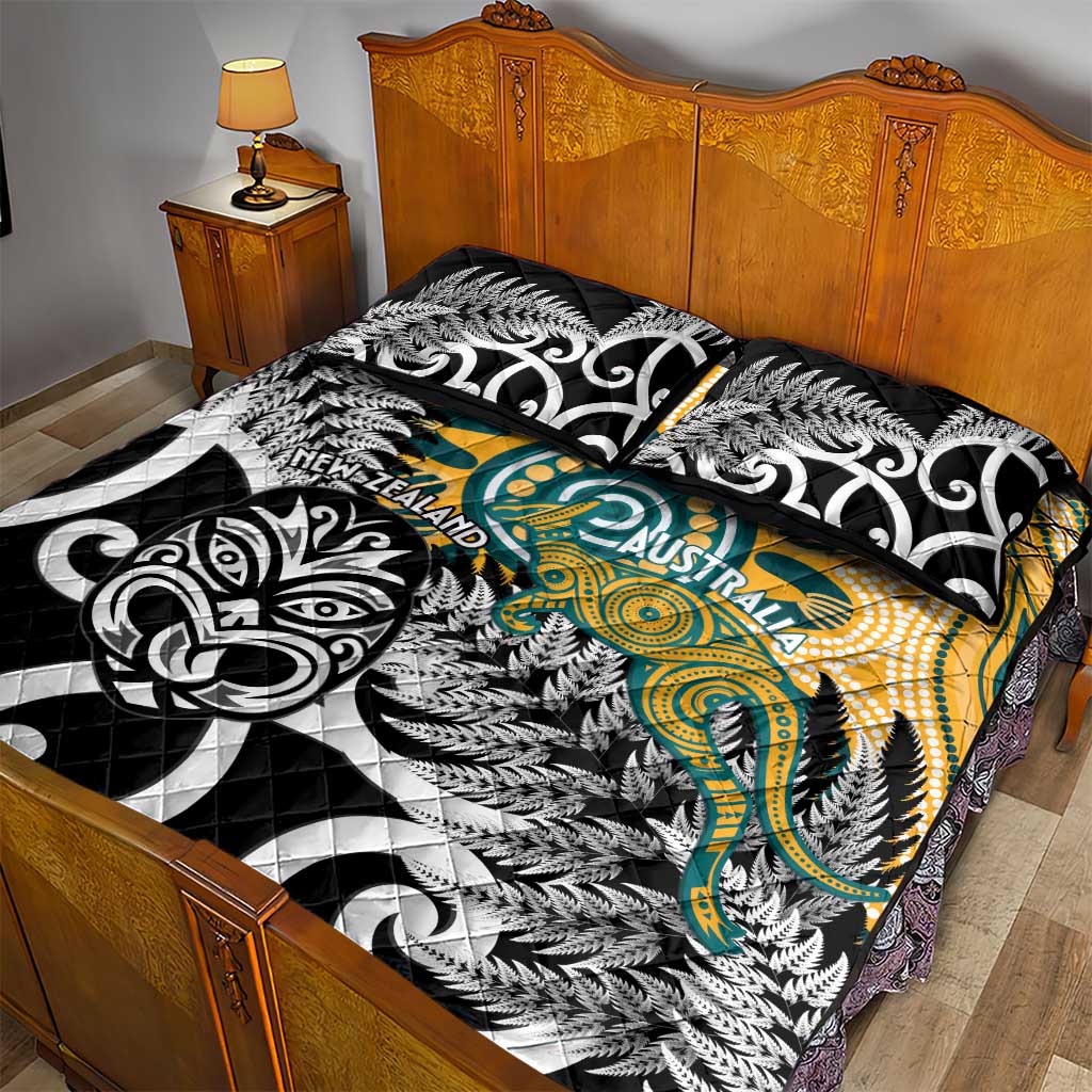 New Zealand Australia Rugby Quilt Bed Set Wallabies Aboriginal All Black Maori Tiki Together - Polynesian Pride
