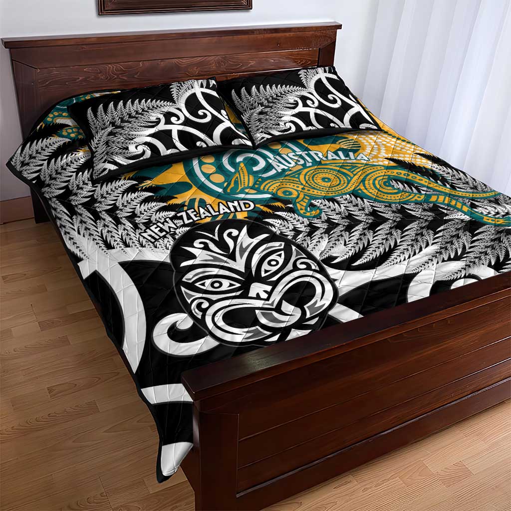 New Zealand Australia Rugby Quilt Bed Set Wallabies Aboriginal All Black Maori Tiki Together - Polynesian Pride