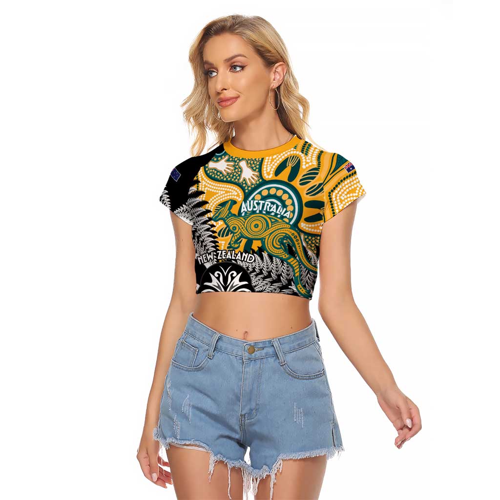 New Zealand Australia Rugby Custom Raglan Cropped T Shirt Wallabies Aboriginal All Black Maori Tiki Together - Polynesian Pride