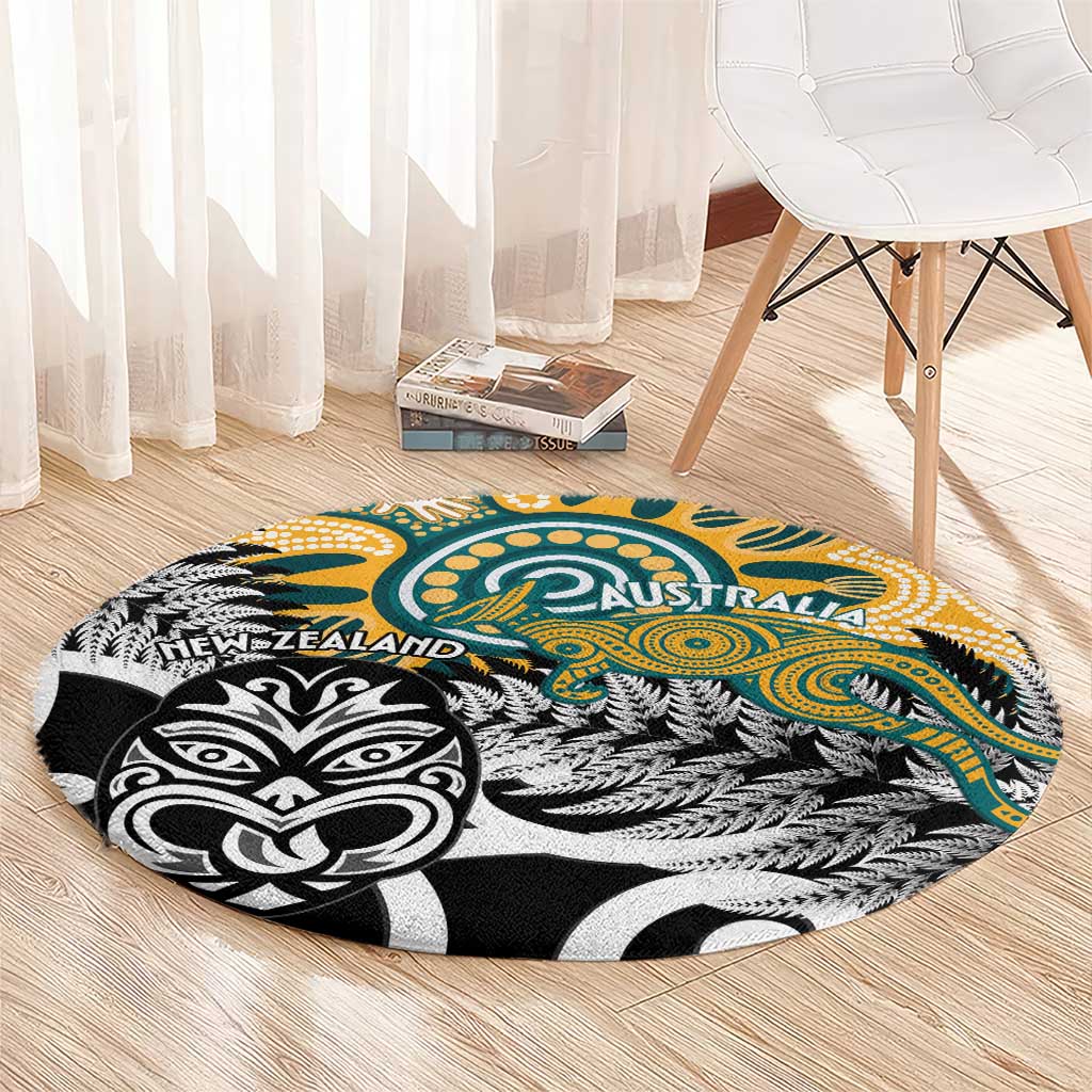 New Zealand Australia Rugby Round Carpet Wallabies Aboriginal All Black Maori Tiki Together - Polynesian Pride