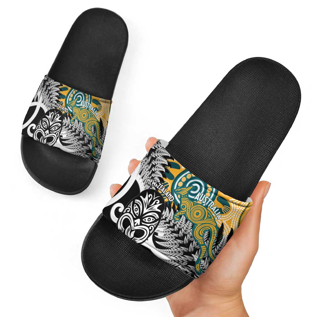 New Zealand Australia Rugby Slide Sandals Wallabies Aboriginal All Black Maori Tiki Together - Polynesian Pride