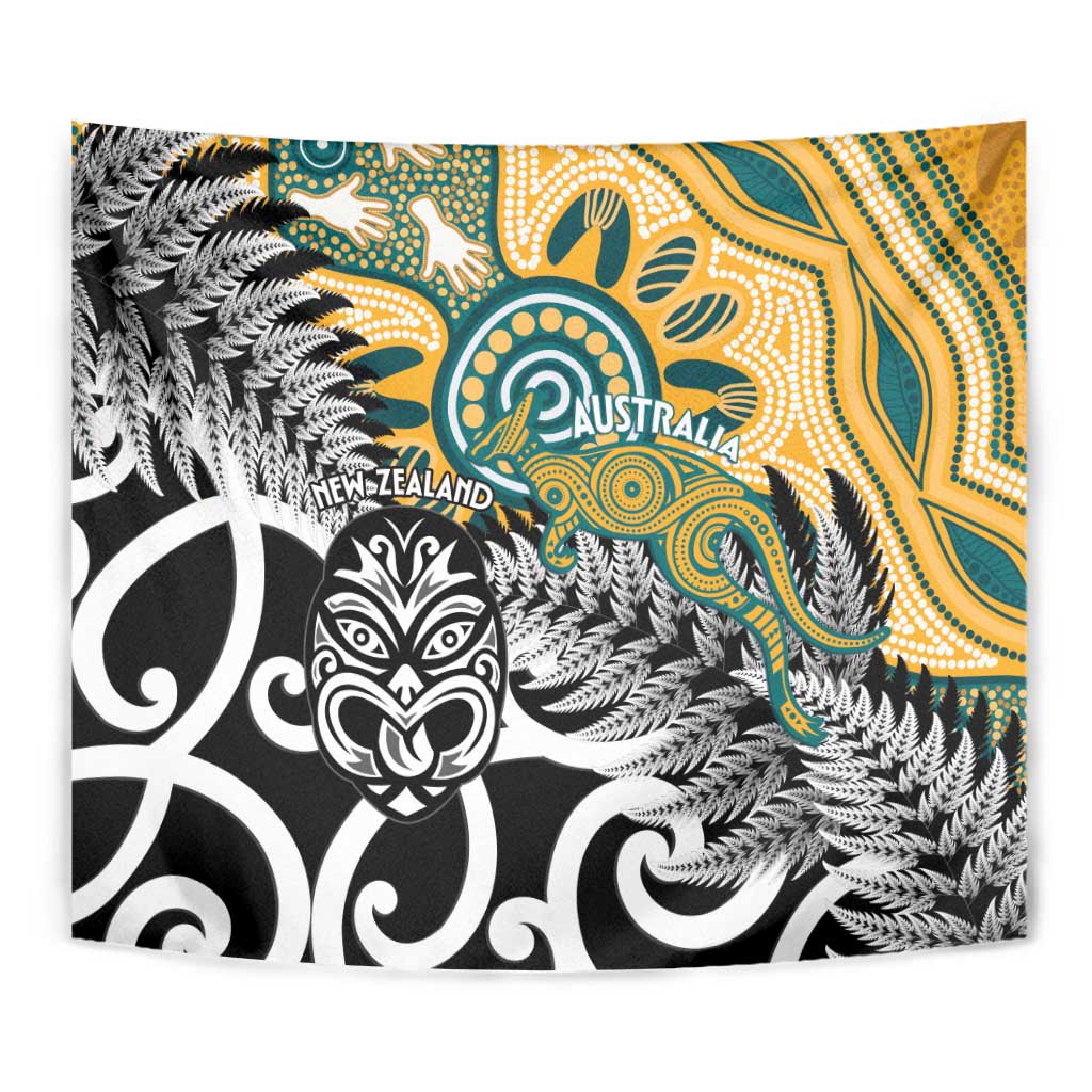 New Zealand Australia Rugby Tapestry Wallabies Aboriginal All Black Maori Tiki Together - Polynesian Pride