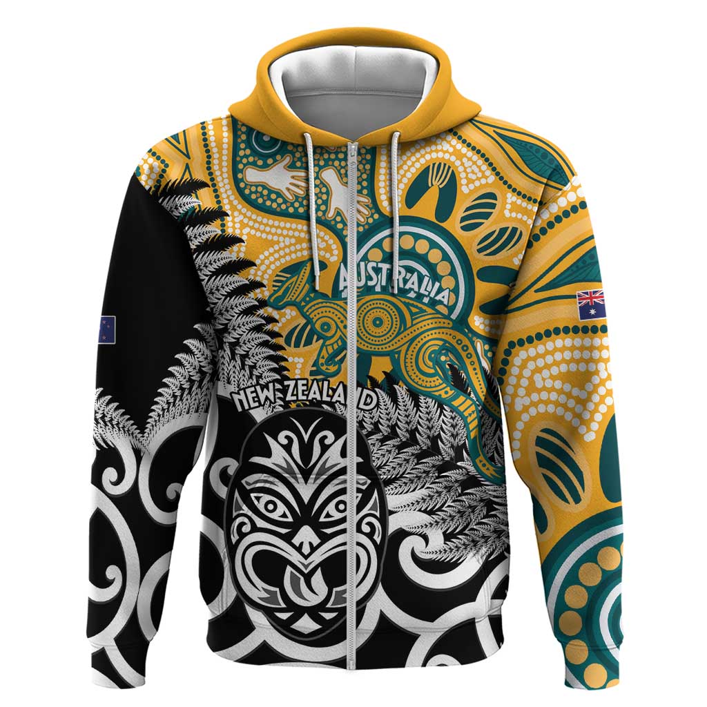 New Zealand Australia Rugby Custom Zip Hoodie Wallabies Aboriginal All Black Maori Tiki Together - Polynesian Pride