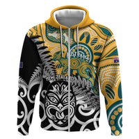 New Zealand Australia Rugby Custom Zip Hoodie Wallabies Aboriginal All Black Maori Tiki Together - Polynesian Pride