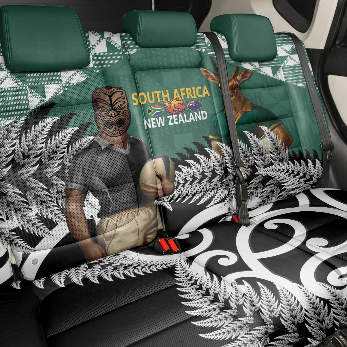 New Zealand South Africa Rugby Back Car Seat Cover Springboks Kente All Black Maori Together - Polynesian Pride