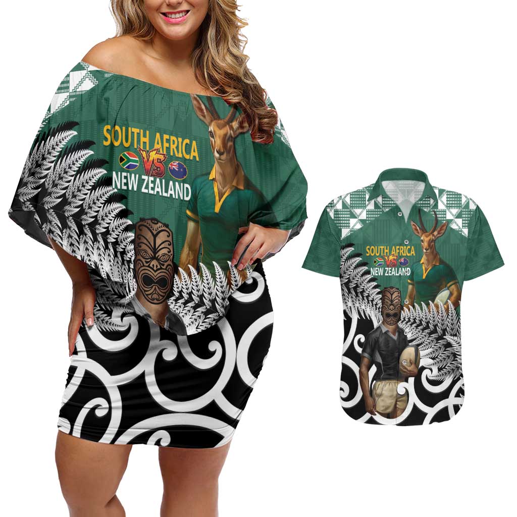 New Zealand South Africa Rugby Custom Couples Matching Off Shoulder Short Dress and Hawaiian Shirt Springboks Kente All Black Maori Together - Polynesian Pride