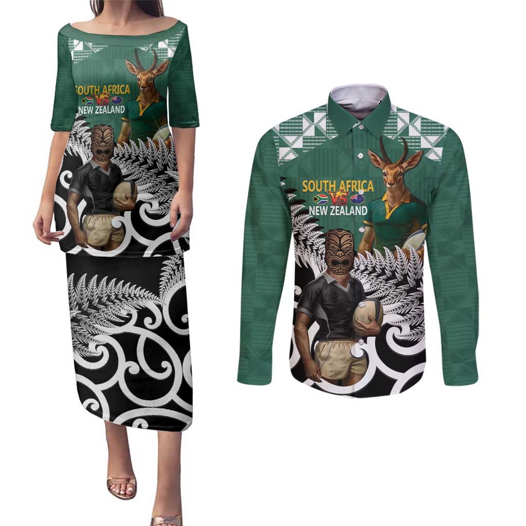 New Zealand South Africa Rugby Custom Couples Matching Puletasi and Long Sleeve Button Shirt Springboks Kente All Black Maori Together - Polynesian Pride