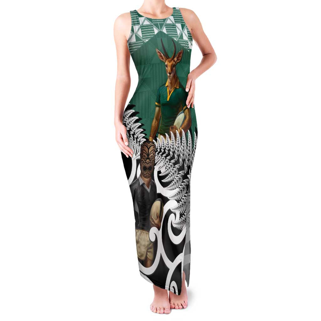 New Zealand South Africa Rugby Custom Family Matching Tank Maxi Dress and Hawaiian Shirt Springboks Kente All Black Maori Together - Polynesian Pride