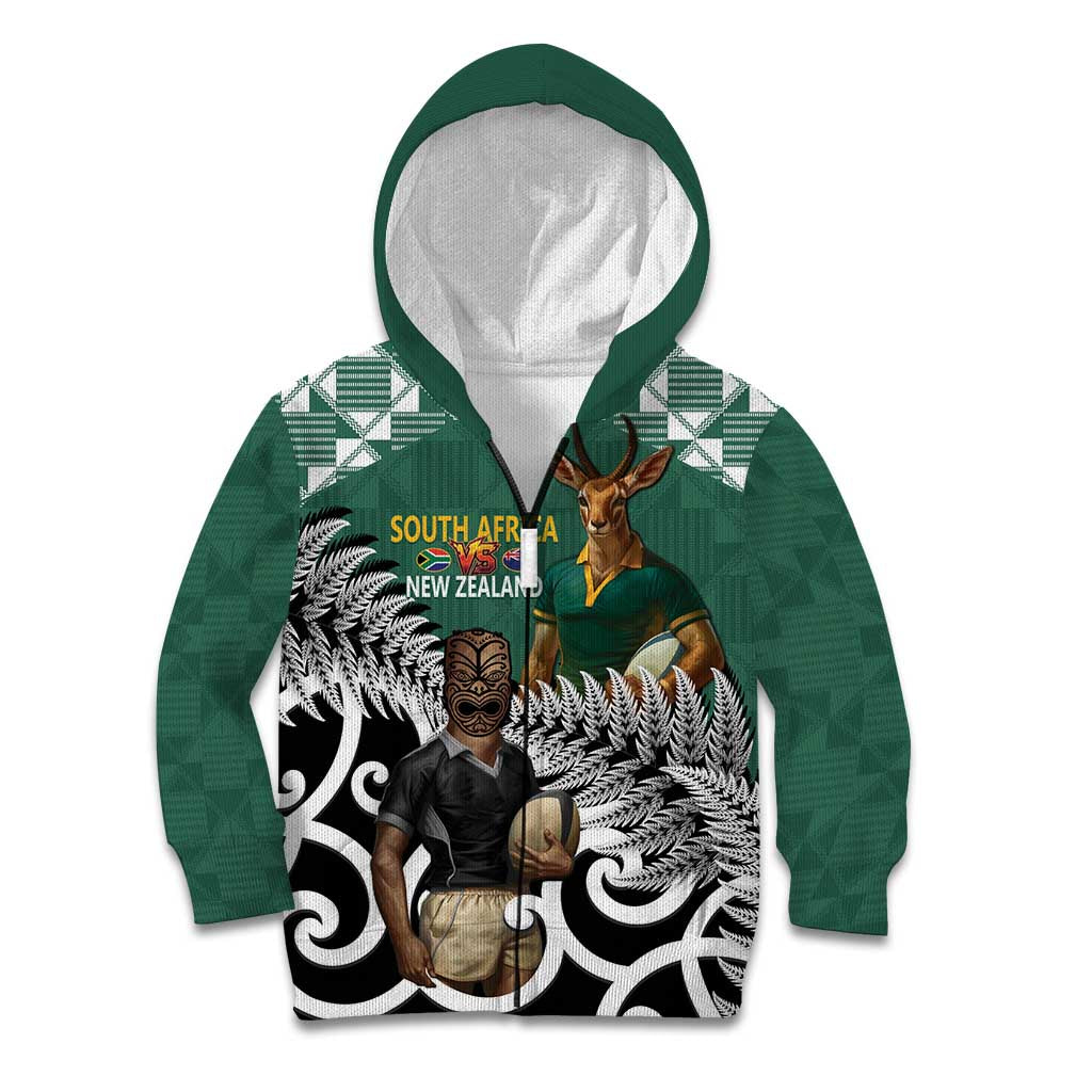 New Zealand South Africa Rugby Custom Kid Hoodie Springboks Kente All Black Maori Together - Polynesian Pride