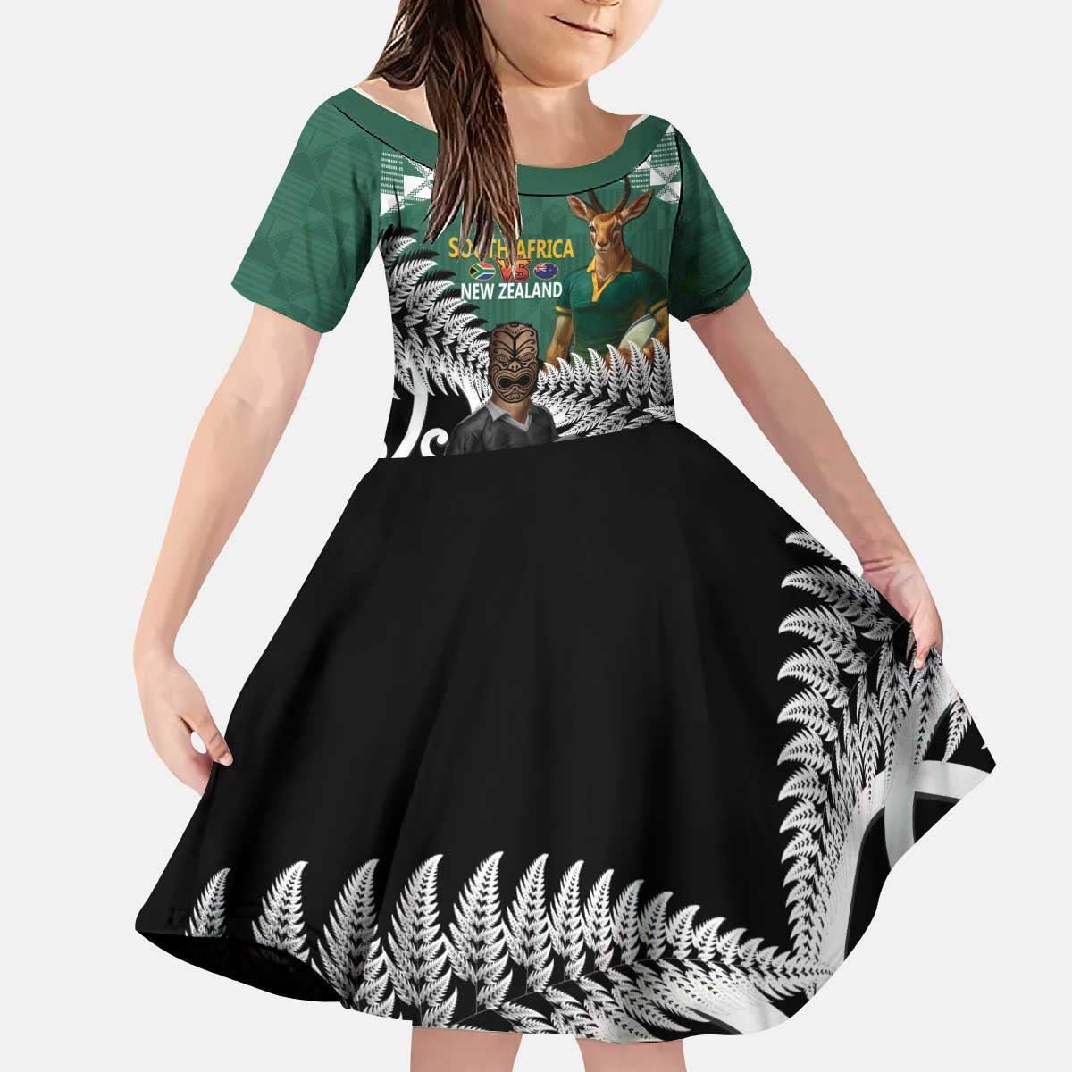 New Zealand South Africa Rugby Custom Kid Short Sleeve Dress Springboks Kente All Black Maori Together - Polynesian Pride