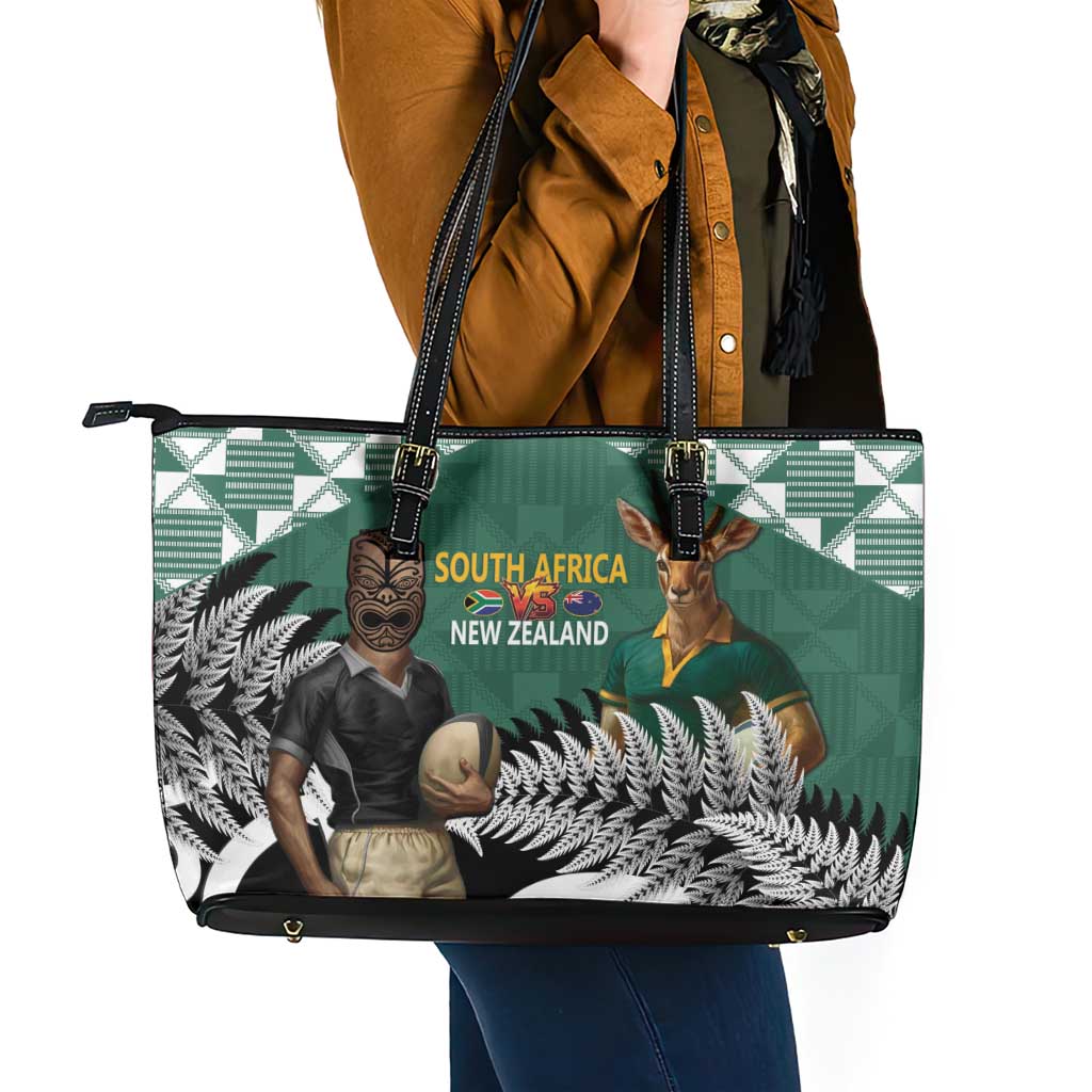 New Zealand South Africa Rugby Leather Tote Bag Springboks Kente All Black Maori Together - Polynesian Pride
