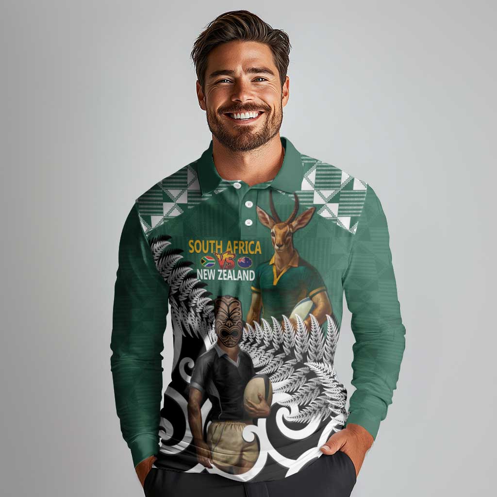 New Zealand South Africa Rugby Custom Long Sleeve Polo Shirt Springboks Kente All Black Maori Together - Polynesian Pride