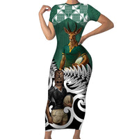 New Zealand South Africa Rugby Custom Short Sleeve Bodycon Dress Springboks Kente All Black Maori Together - Polynesian Pride