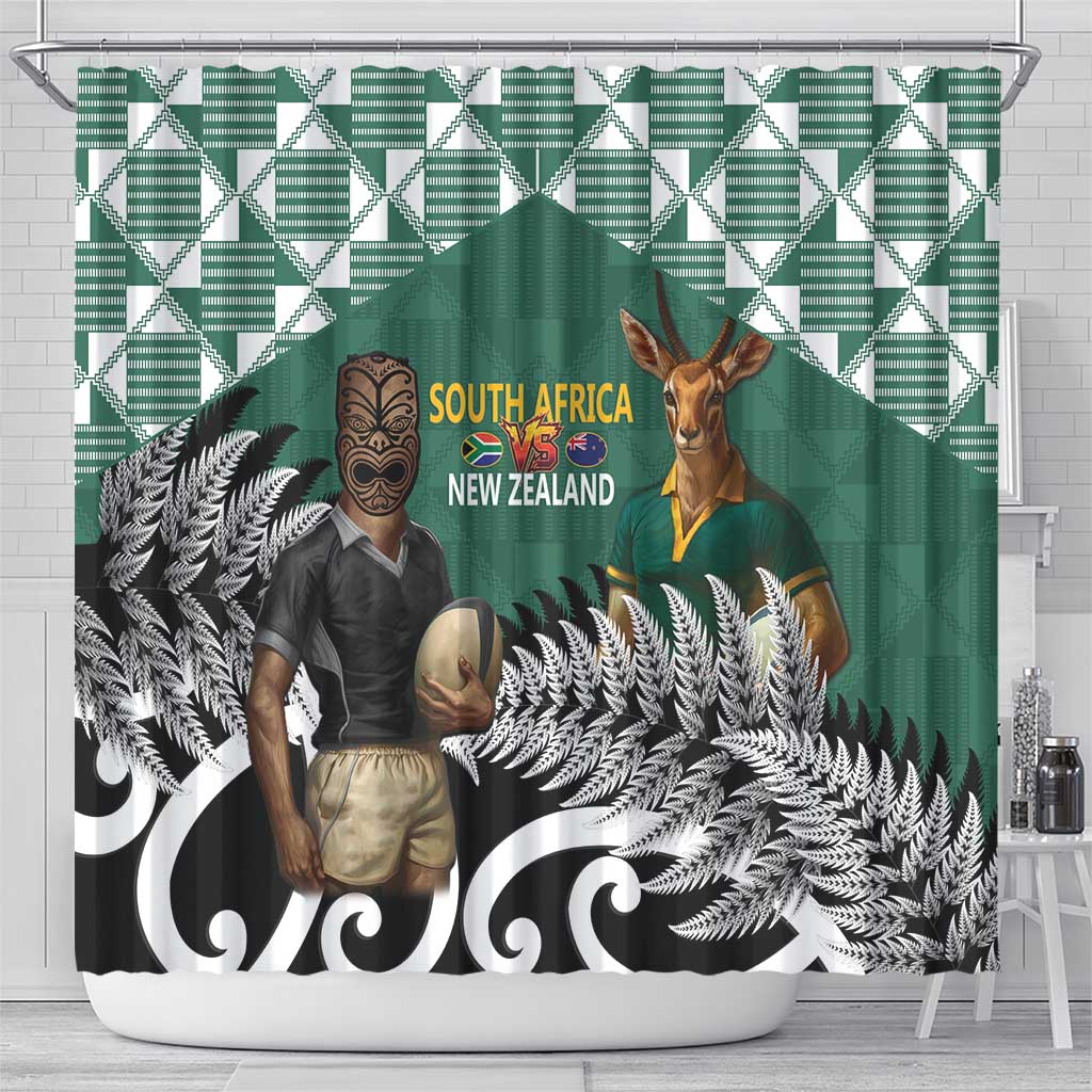 New Zealand South Africa Rugby Shower Curtain Springboks Kente All Black Maori Together - Polynesian Pride