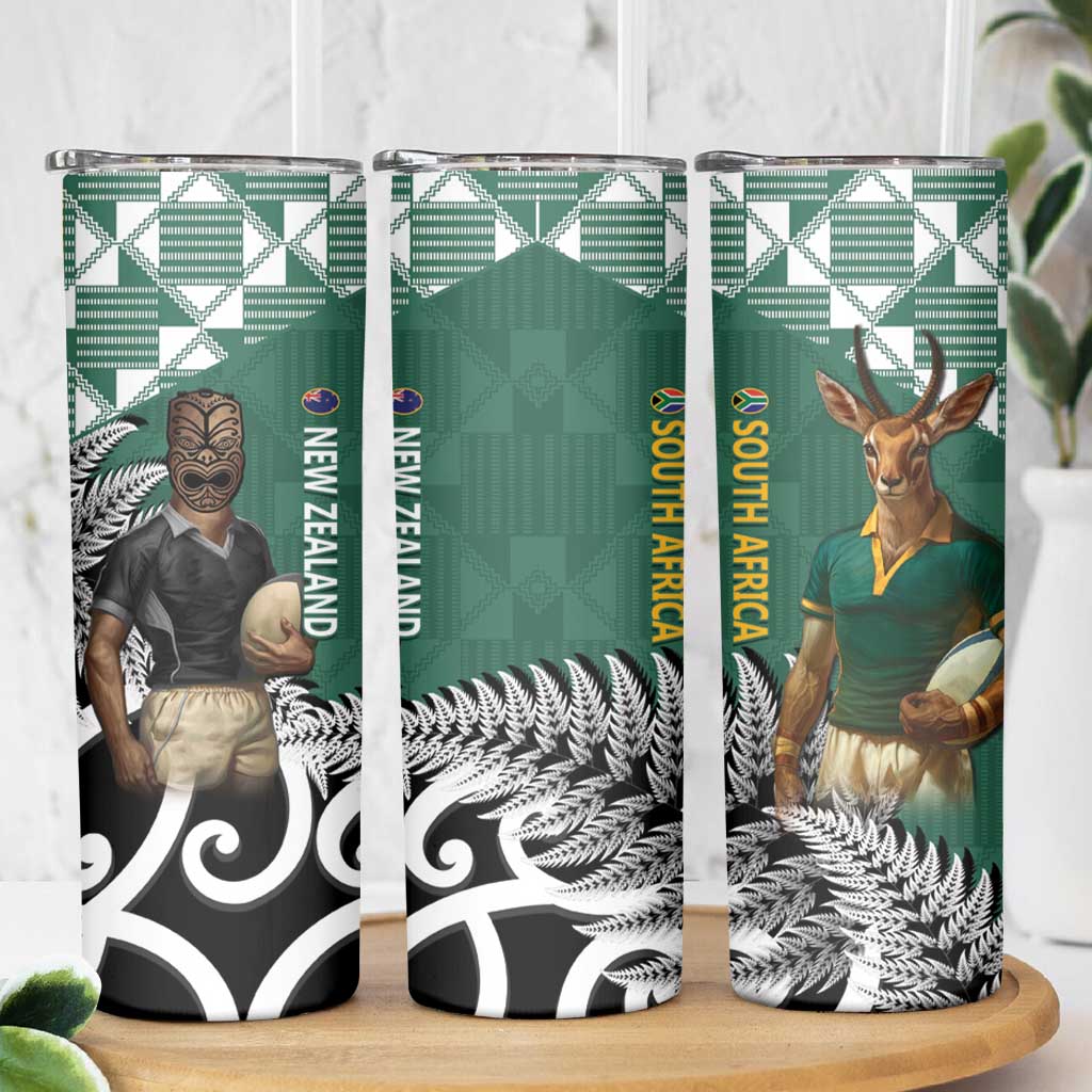New Zealand South Africa Rugby Skinny Tumbler Springboks Kente All Black Maori Together - Polynesian Pride