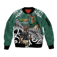 New Zealand South Africa Rugby Custom Sleeve Zip Bomber Jacket Springboks Kente All Black Maori Together - Polynesian Pride