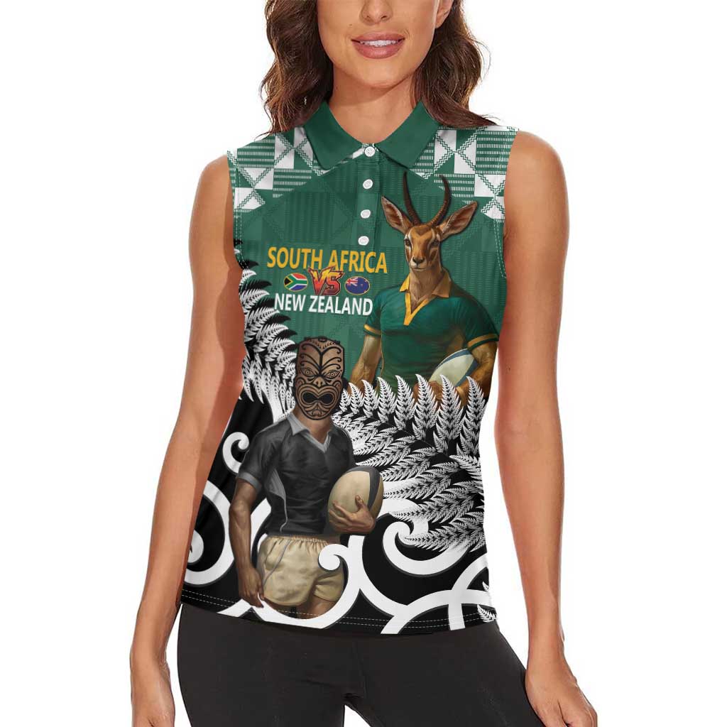New Zealand South Africa Rugby Custom Women Sleeveless Polo Shirt Springboks Kente All Black Maori Together - Polynesian Pride
