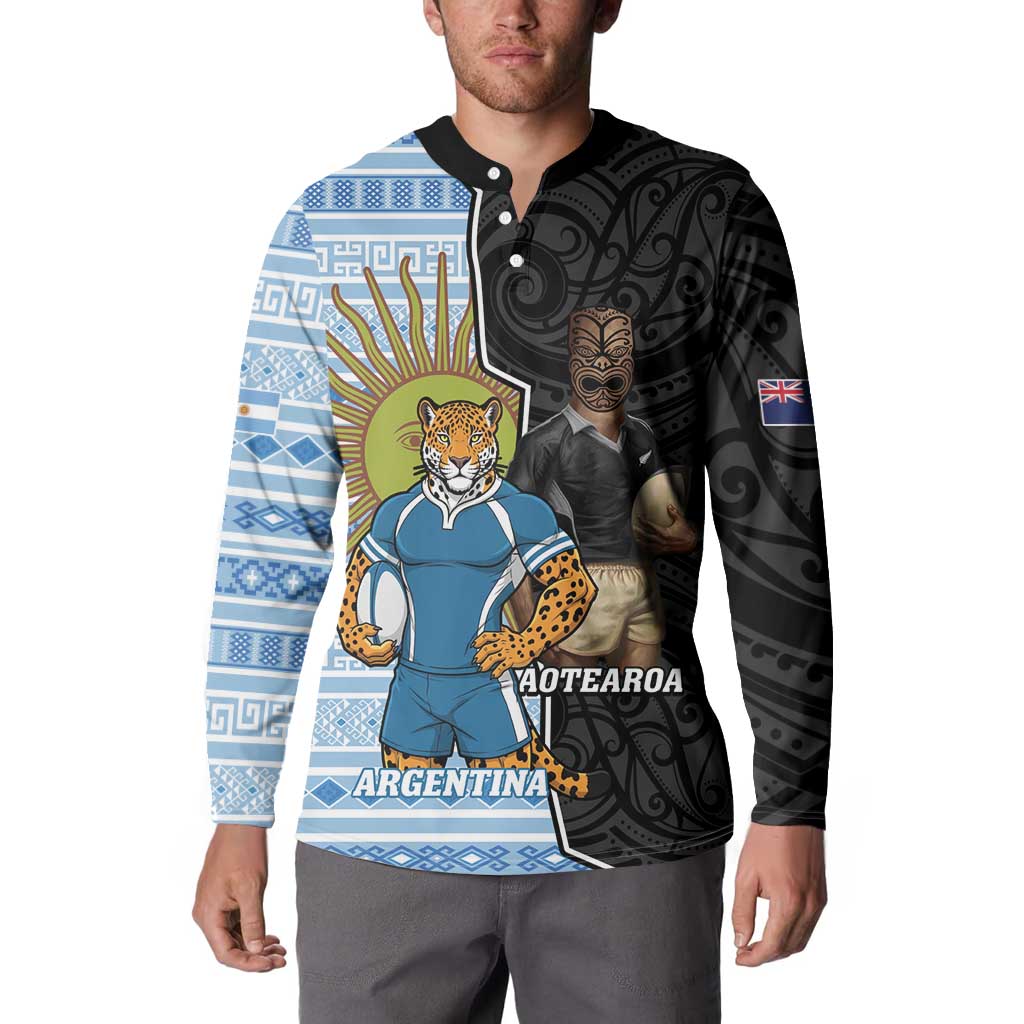 New Zealand Argentina Rugby Custom Button Sweatshirt 2025 Los Pumas All Black Together - Polynesian Pride