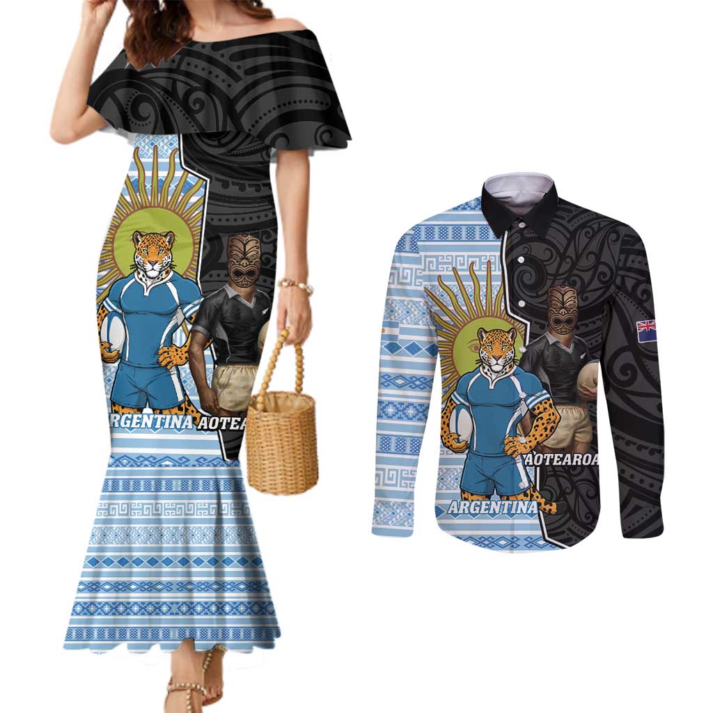 New Zealand Argentina Rugby Custom Couples Matching Mermaid Dress and Long Sleeve Button Shirt 2025 Los Pumas All Black Together - Polynesian Pride
