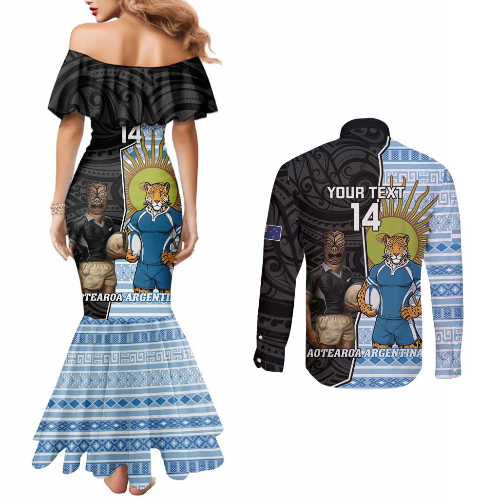 New Zealand Argentina Rugby Custom Couples Matching Mermaid Dress and Long Sleeve Button Shirt 2025 Los Pumas All Black Together - Polynesian Pride