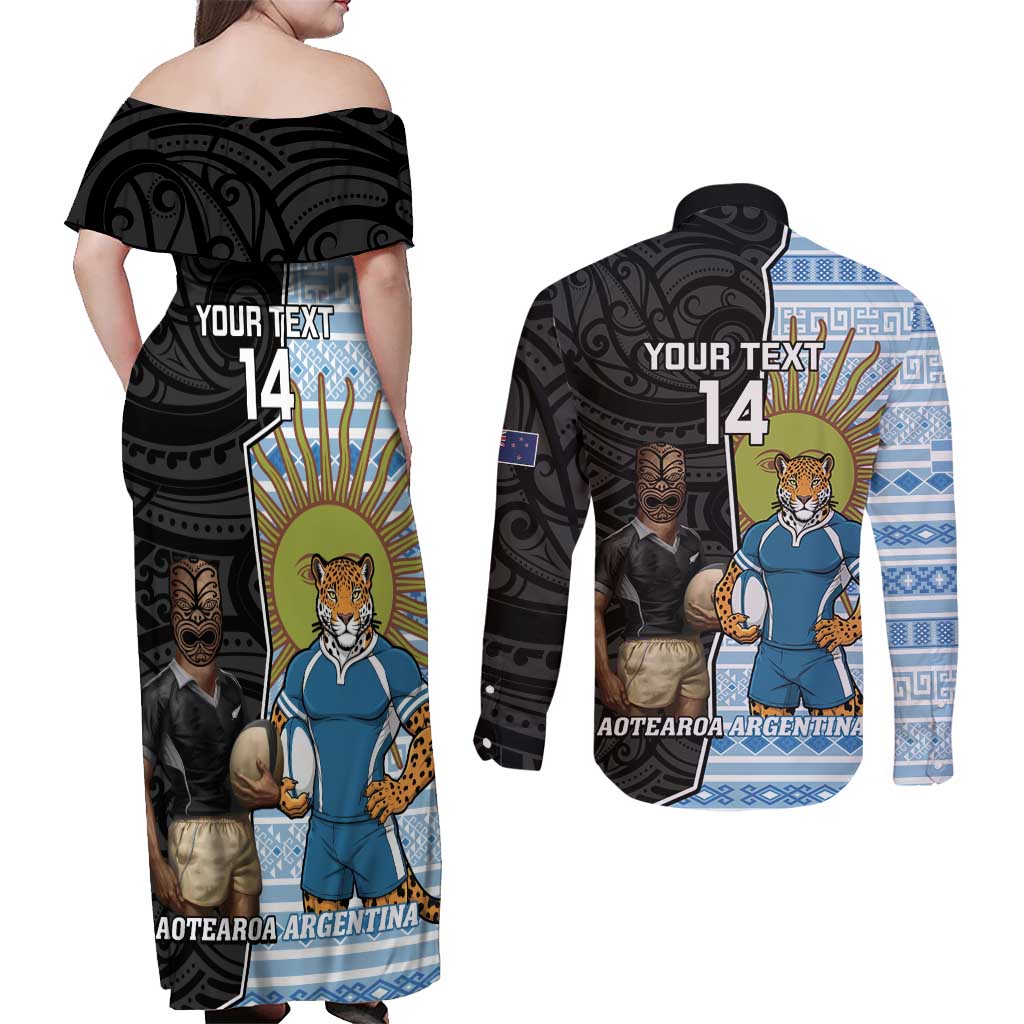 New Zealand Argentina Rugby Custom Couples Matching Off Shoulder Maxi Dress and Long Sleeve Button Shirt 2025 Los Pumas All Black Together - Polynesian Pride