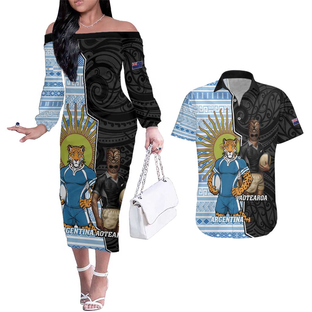 New Zealand Argentina Rugby Custom Couples Matching Off The Shoulder Long Sleeve Dress and Hawaiian Shirt 2025 Los Pumas All Black Together - Polynesian Pride
