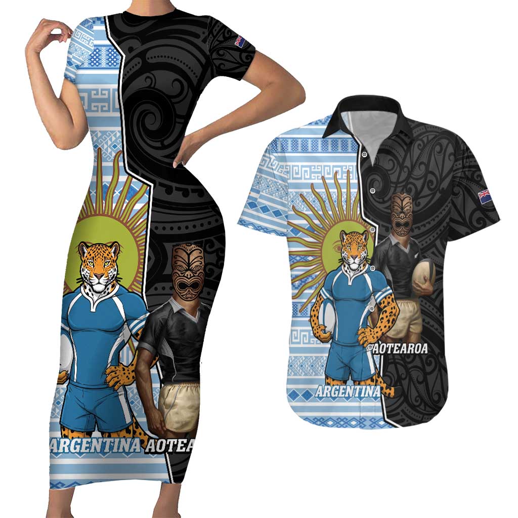 New Zealand Argentina Rugby Custom Couples Matching Short Sleeve Bodycon Dress and Hawaiian Shirt 2025 Los Pumas All Black Together - Polynesian Pride