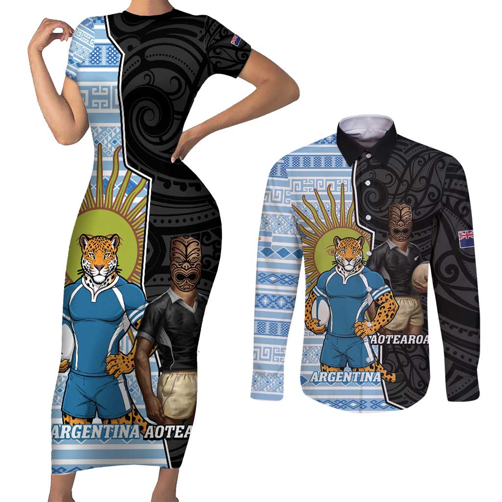 New Zealand Argentina Rugby Custom Couples Matching Short Sleeve Bodycon Dress and Long Sleeve Button Shirt 2025 Los Pumas All Black Together - Polynesian Pride
