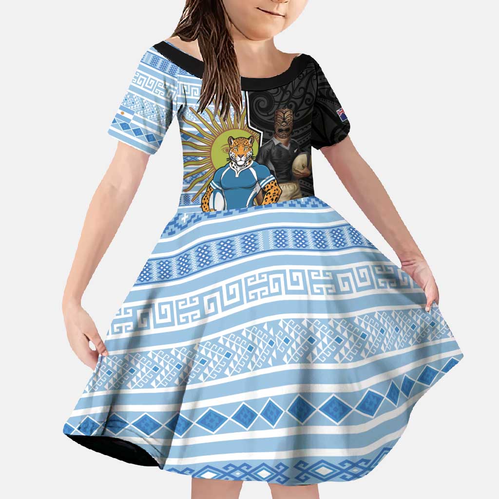 New Zealand Argentina Rugby Custom Family Matching Long Sleeve Bodycon Dress and Hawaiian Shirt 2025 Los Pumas All Black Together - Polynesian Pride